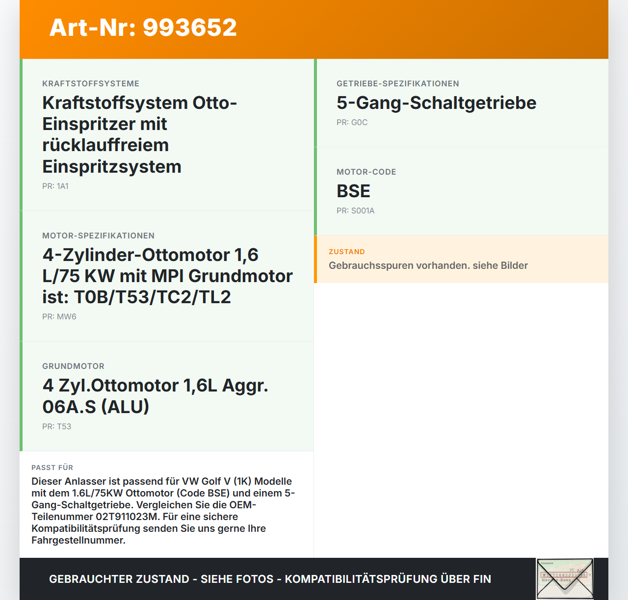 VW Golf V 1K 03-09 1,6 75KW Anlasser Starter VW Golf V 1K 03-09 19.10.2007 02T911023M gebraucht Vorschau 3