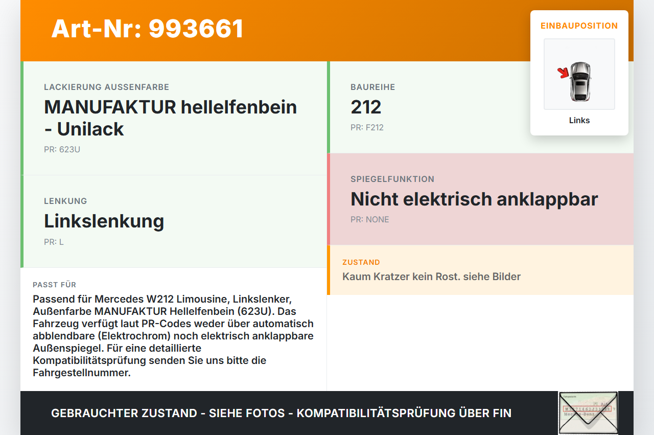 Mercedes W212 E200 09-13 Spiegel Aussenspiegel Links Elektrochrom 623 Mercedes W212 E200 09-13 03.11.2010... Vorschau 3
