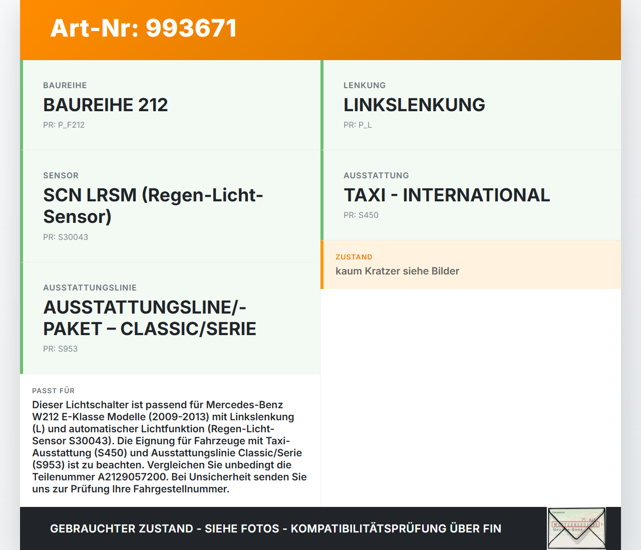 Mercedes W212 E200 09-13 Lichtschalter Schalter autom. Mercedes W212 E200 09-13 03.11.2010 A2129057200 10021629... Vorschau 3