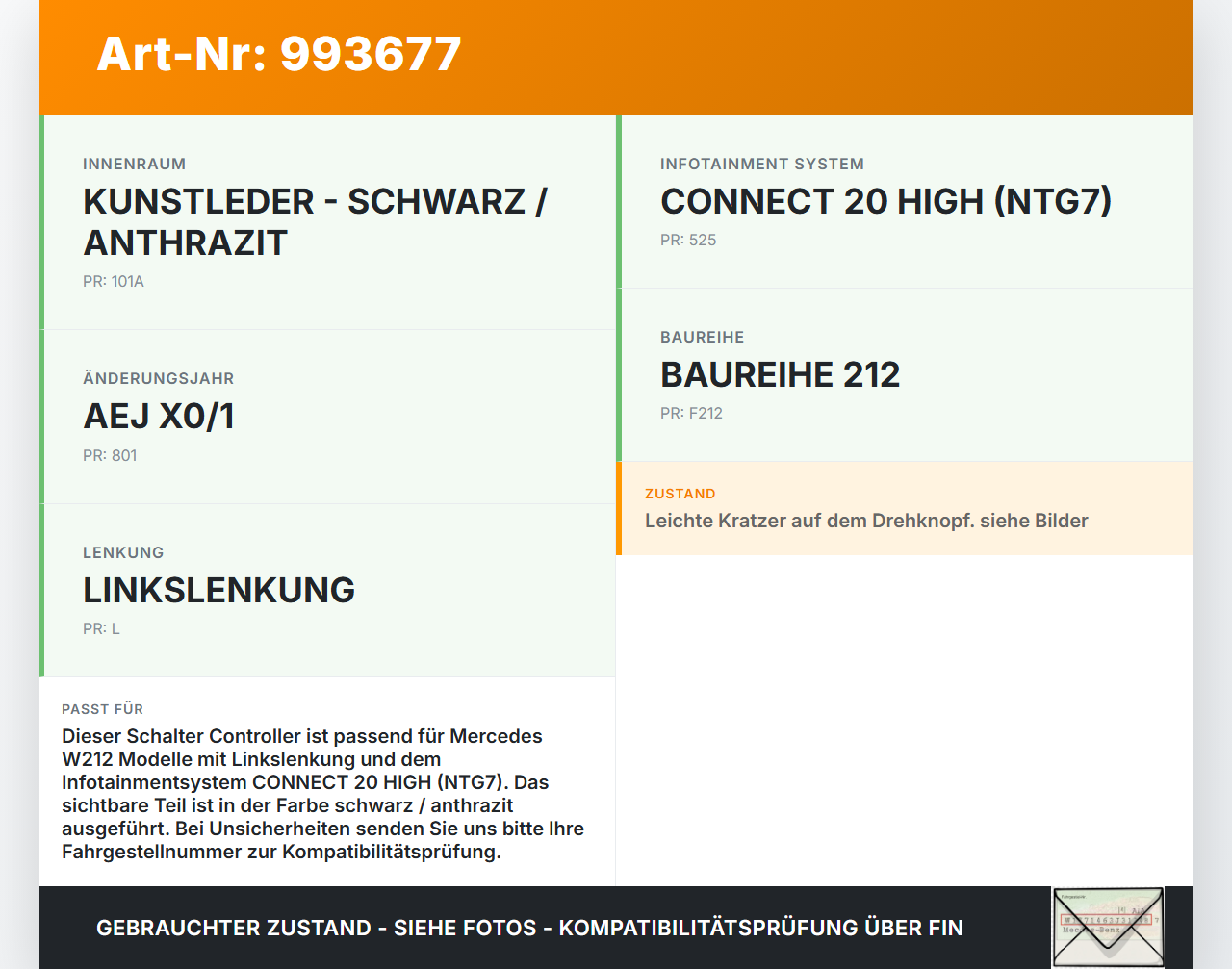 Mercedes W212 E200 09-13 Schalter Controller Command Mercedes W212 E200 09-13 03.11.2010 A2128702751 A2128703051... Vorschau 3