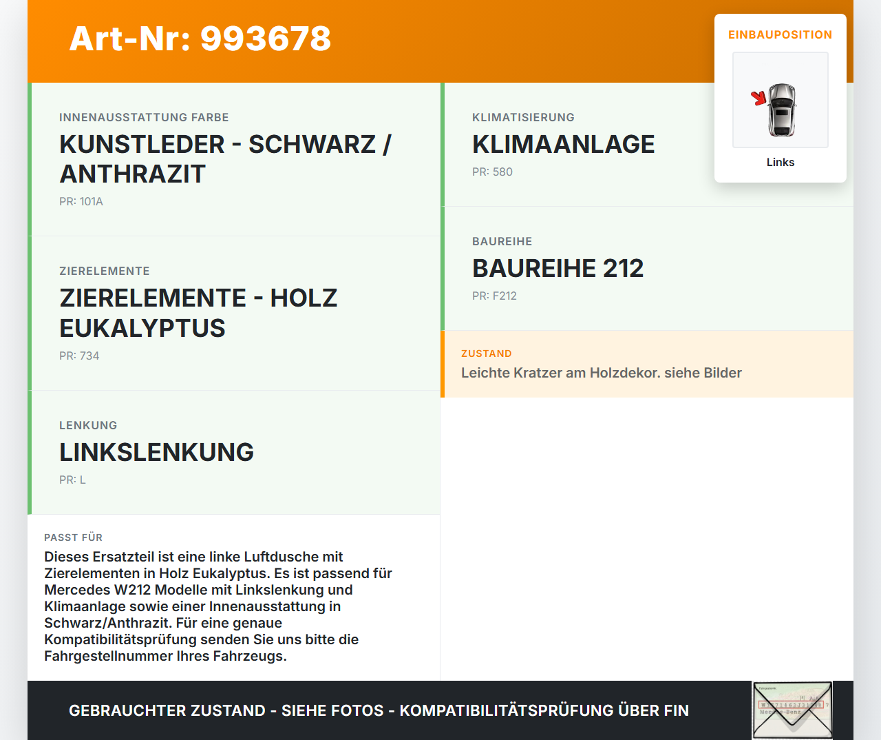 Mercedes W212 E200 09-13 Luftdusche Luftdüse Links Mercedes W212 E200 09-13 03.11.2010 A2128300154 06821-001... Vorschau 3