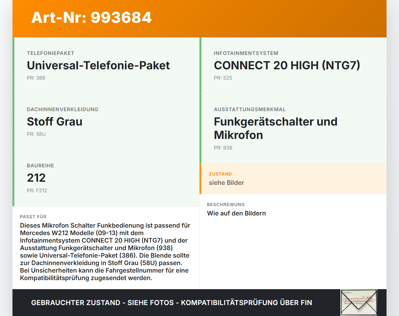 Mercedes W212 E200 09-13 Mikrofon Schalter Funkbedienung Mercedes W212 E200 09-13 03.11.2010 A2129056400 10021792... Vorschau 3