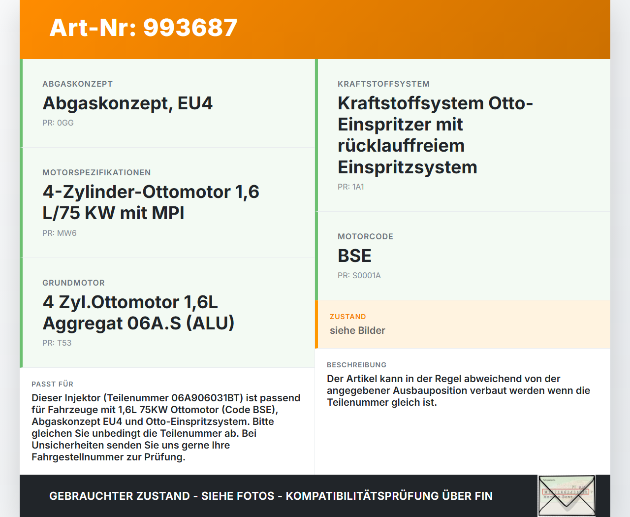 VW Golf V 1K 03-09 1,6 75KW Injektor Einspritzdüse Zyl.4 VW Golf V 1K 03-09 19.10.2007 06A906031BT gebraucht Vorschau 3