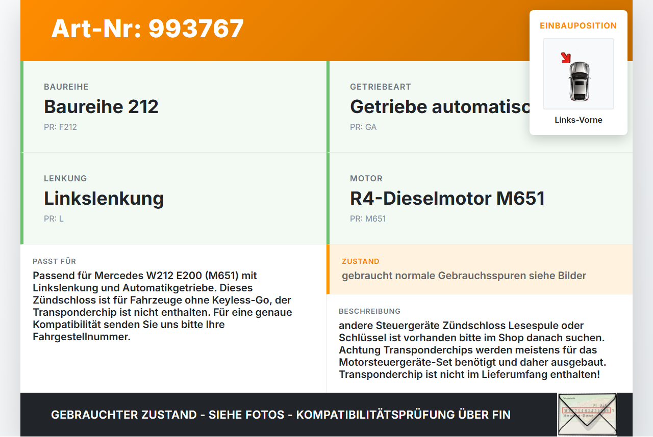 Mercedes W212 E200 09-13 Zündschloss mit 2 Schlüsseln Schließzylinder Links Vorne Mercedes W212 E200 09-13... Vorschau 3