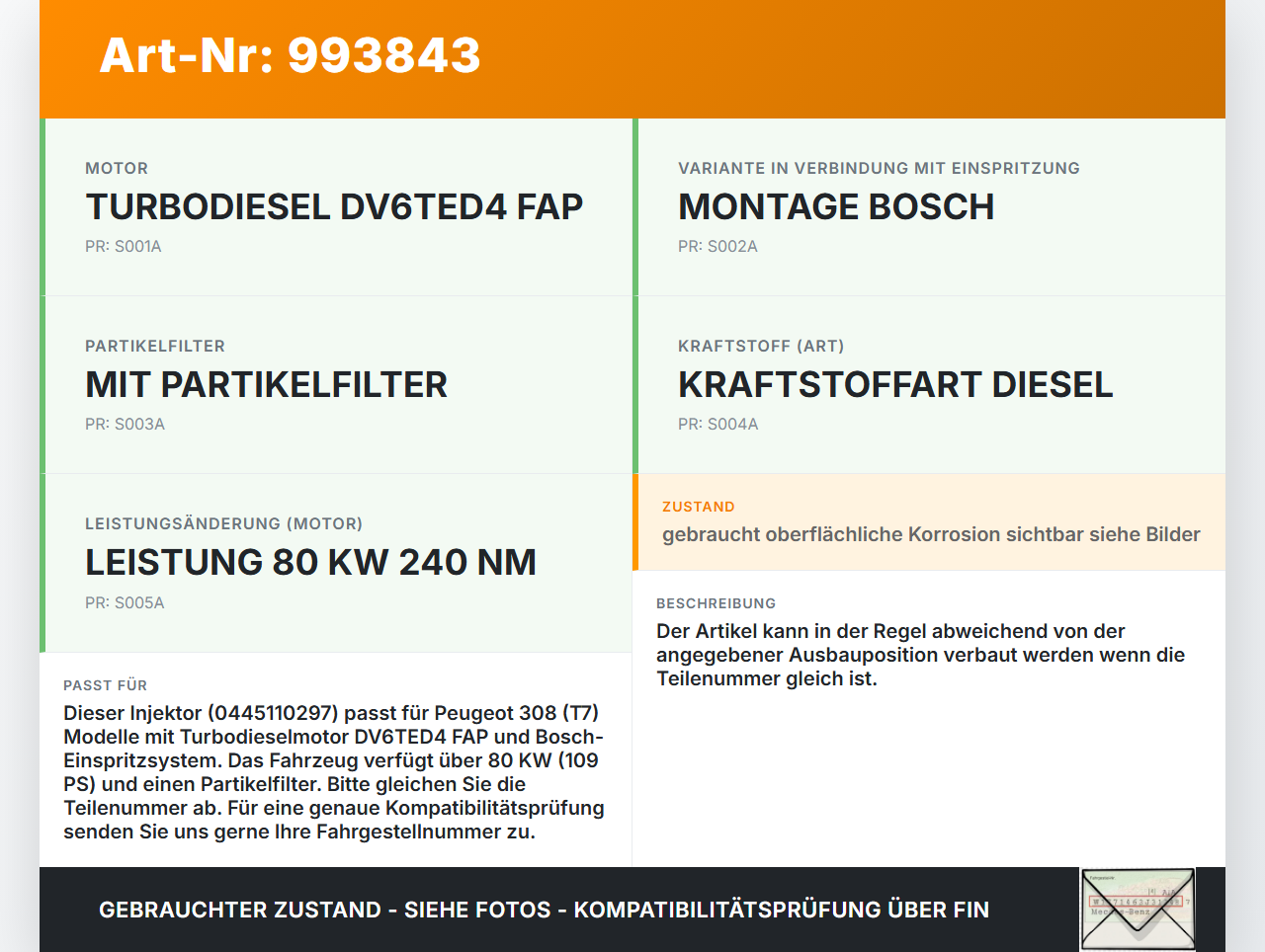 Peugeot 308 08-11 HDi 1,6 72KW Injektor Einspritzdüse Zyl.1 Peugeot 308 08-11 12.06.2009 0445110297 9683130680... Vorschau 3