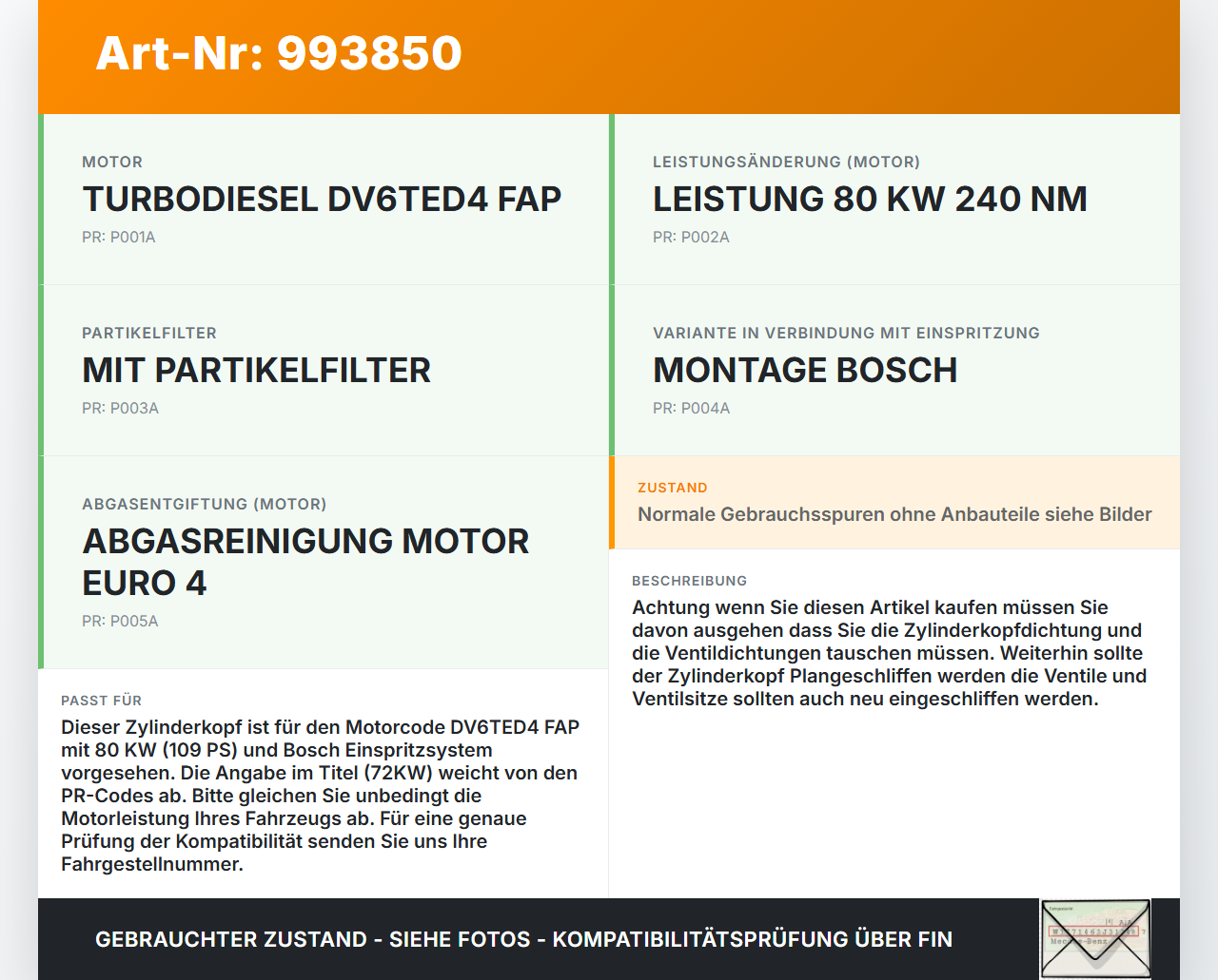 Peugeot 308 08-11 HDi 1,6 72KW 9H01 DV6TED4 Zylinderkopf Peugeot 308 08-11 12.06.2009 0200EH gebraucht Vorschau 3