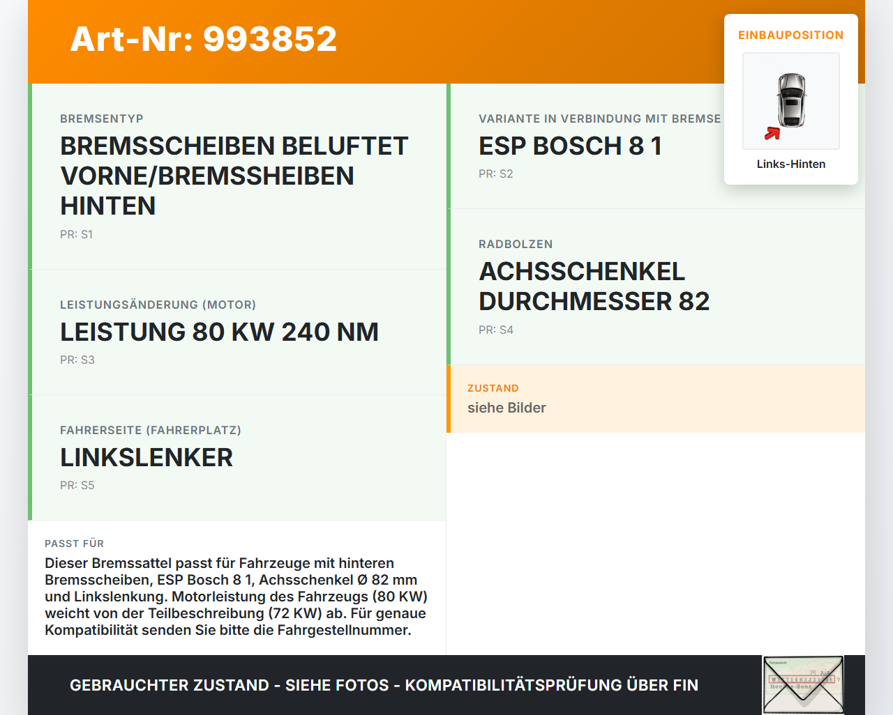 Peugeot 308 08-11 HDi 1,6 72KW Bremssattel Bremszange Links Hinten Peugeot 308 08-11 12.06.2009 4401N6 gebraucht Vorschau 3