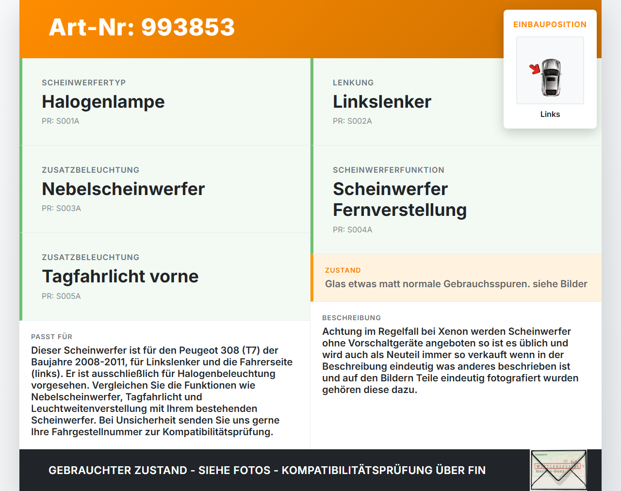 Peugeot 308 08-11 Scheinwerfer Frontscheinwerfer Links Halogen Peugeot 308 08-11 12.06.2009 A2128208161... Vorschau 3