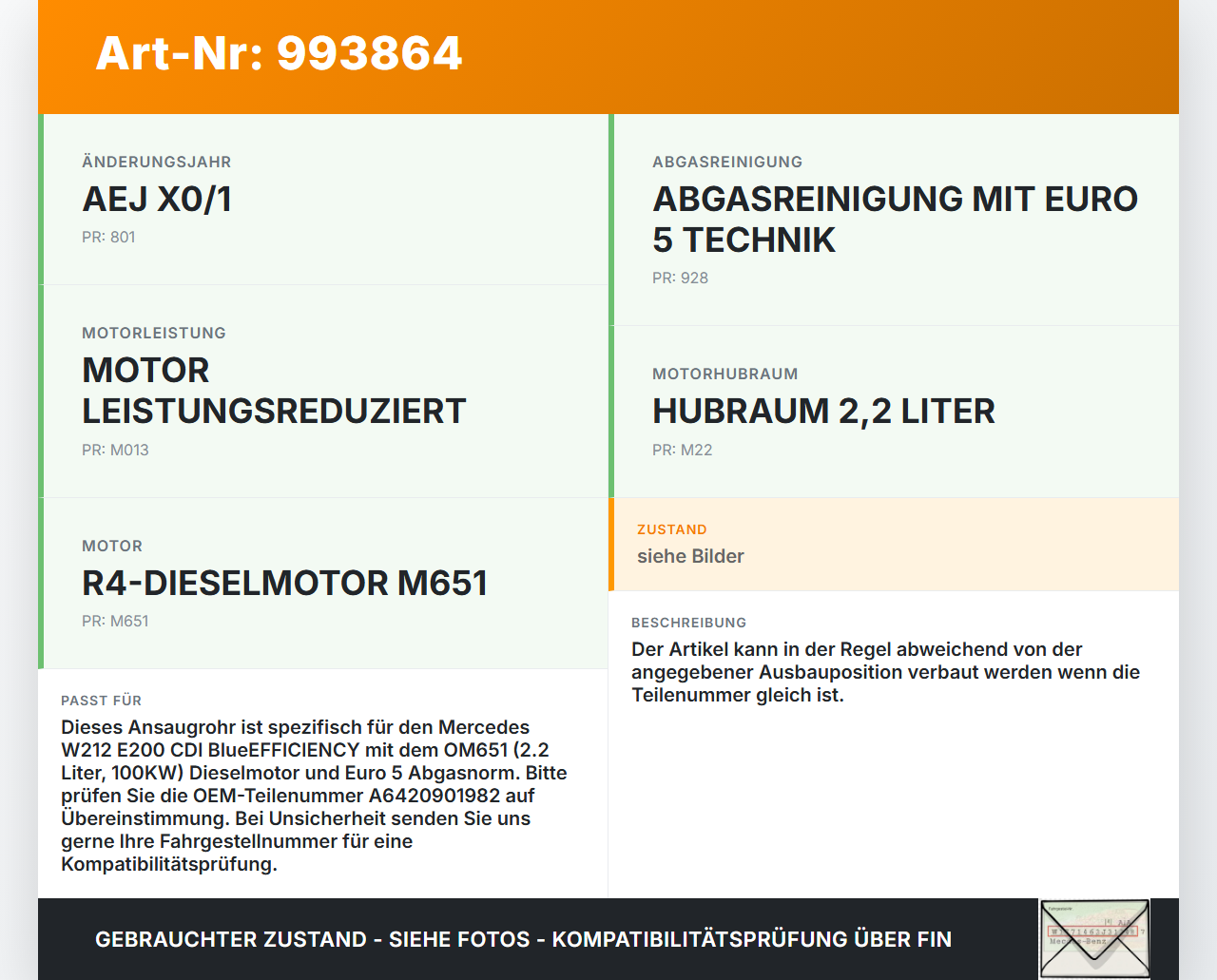 Mercedes W212 E200 09-13 2143 100KW Ansaugrohr Ladeluftschlauch Luftschlauch Mercedes W212 E200 09-13 03.11.2010... Vorschau 3