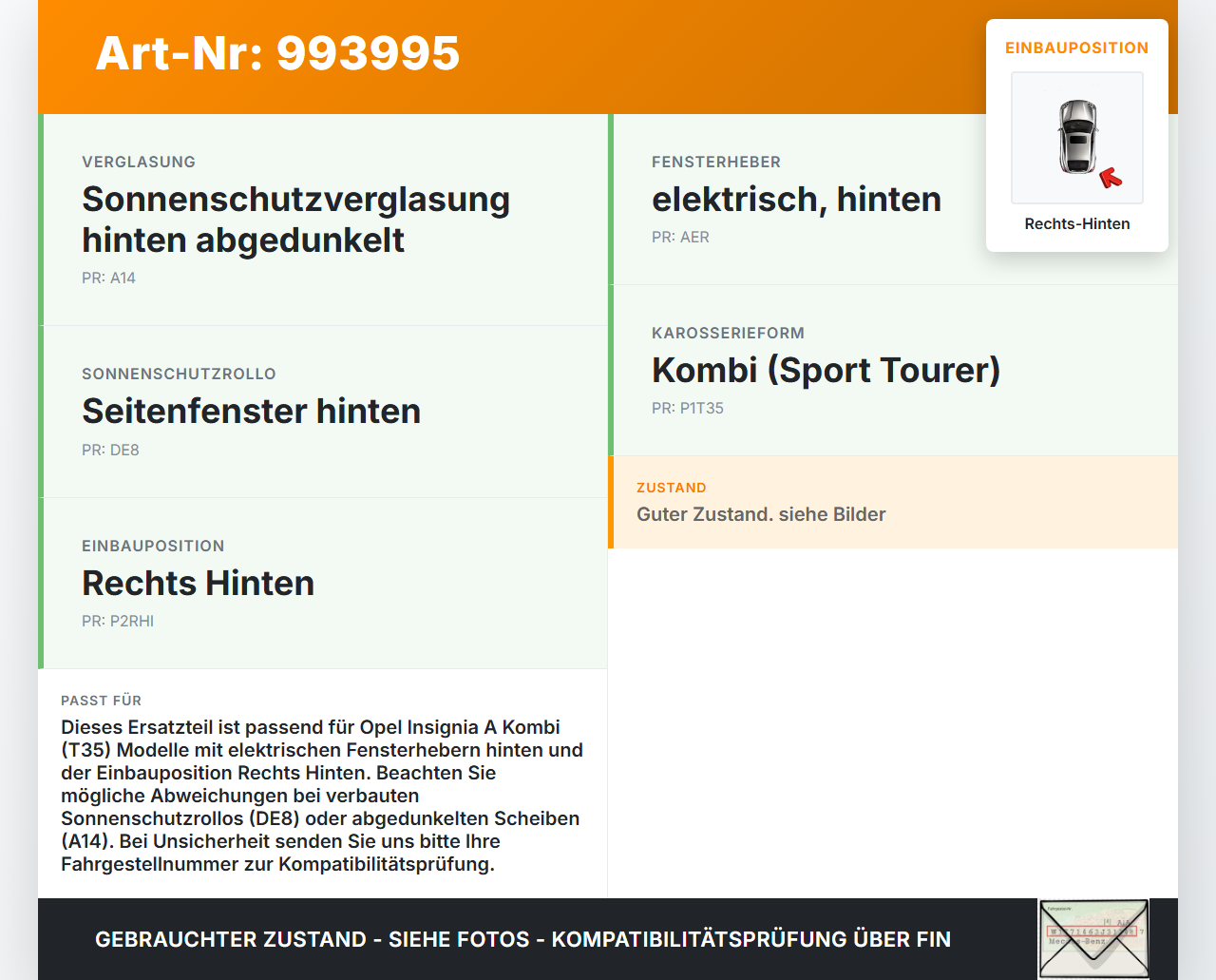 Opel Insignia A 08-13 Kombi Fensterhebermotor mit Fensterheber Rechts Hinten Opel Insignia A 08-13 30.04.2010... Vorschau 3