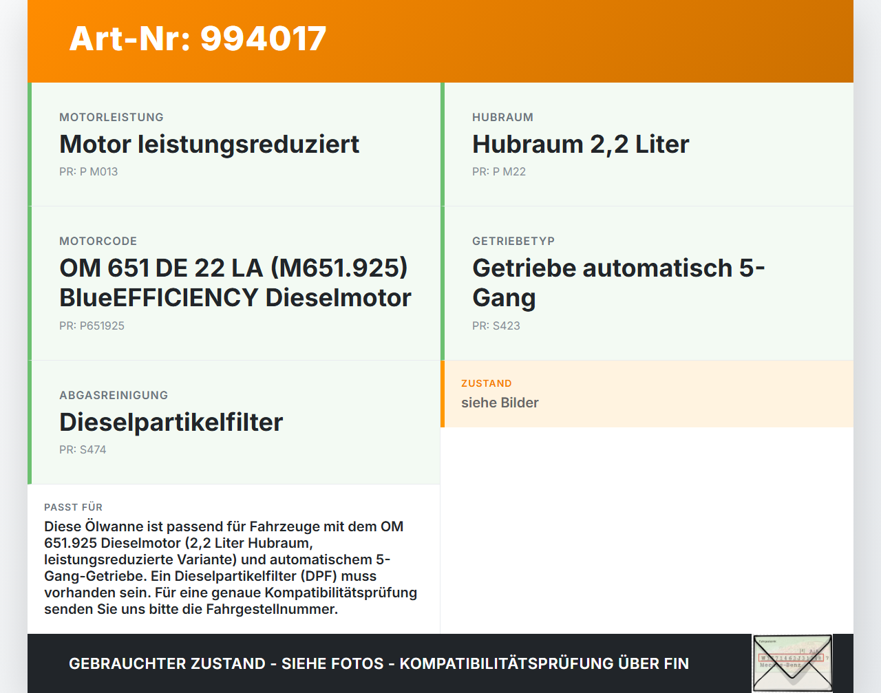 Mercedes W212 E200 09-13 2143 100KW 651925 Ölwanne Motorwanne Mercedes W212 E200 09-13 03.11.2010 A6510100328 gebraucht Vorschau 3