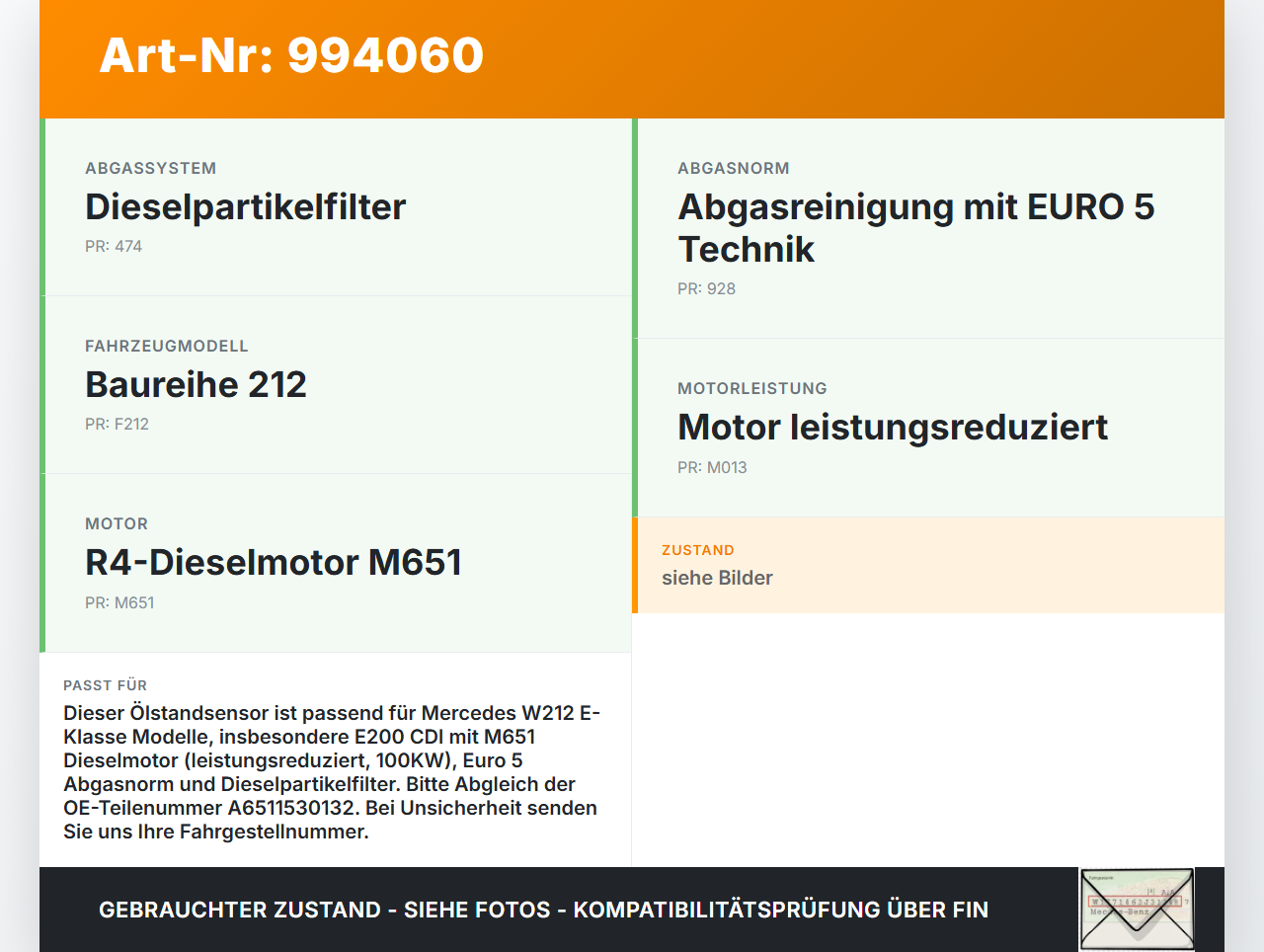 Mercedes W212 E200 09-13 2143 100KW 651925 Ölstandsensor Mercedes W212 E200 09-13 03.11.2010 210T249 A6511530132... Vorschau 3