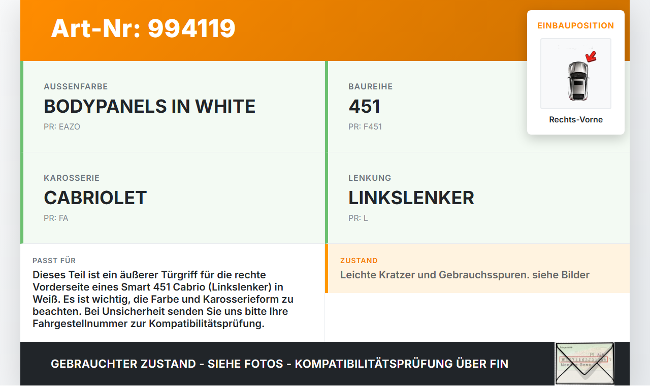 Smart 451 Cabrio 12-15 Cabriolet Türgriff Griff aussen Rechts Vorne EAZ Smart 451 Cabrio 12-15 30.04.2014... Vorschau 3