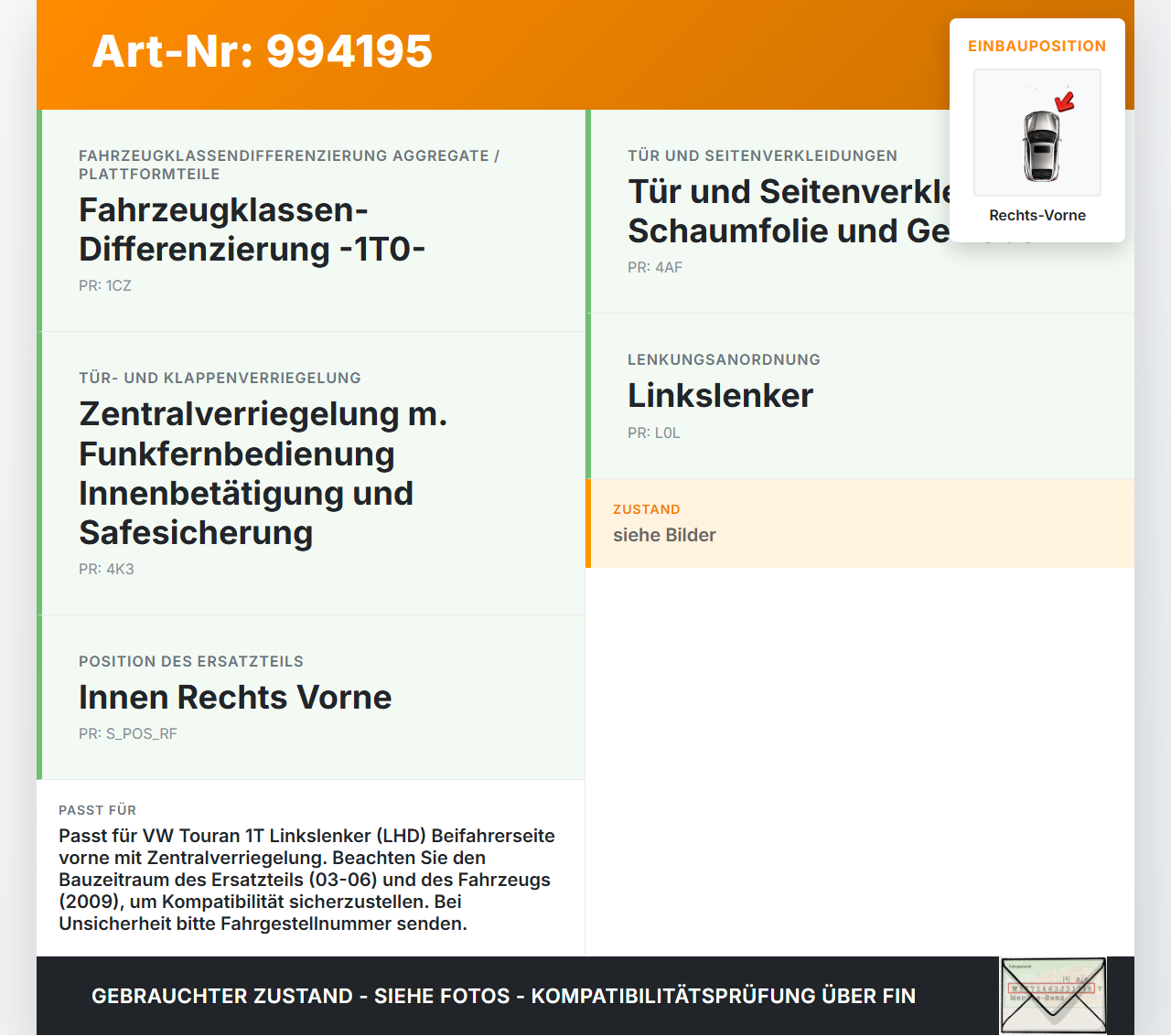 VW Touran 1T 03-06 Türgriff Griffmuschel Griff Innen Rechts Vorne VW Touran 1T 03-06 02.03.2009 1T1837114C gebraucht Vorschau 3