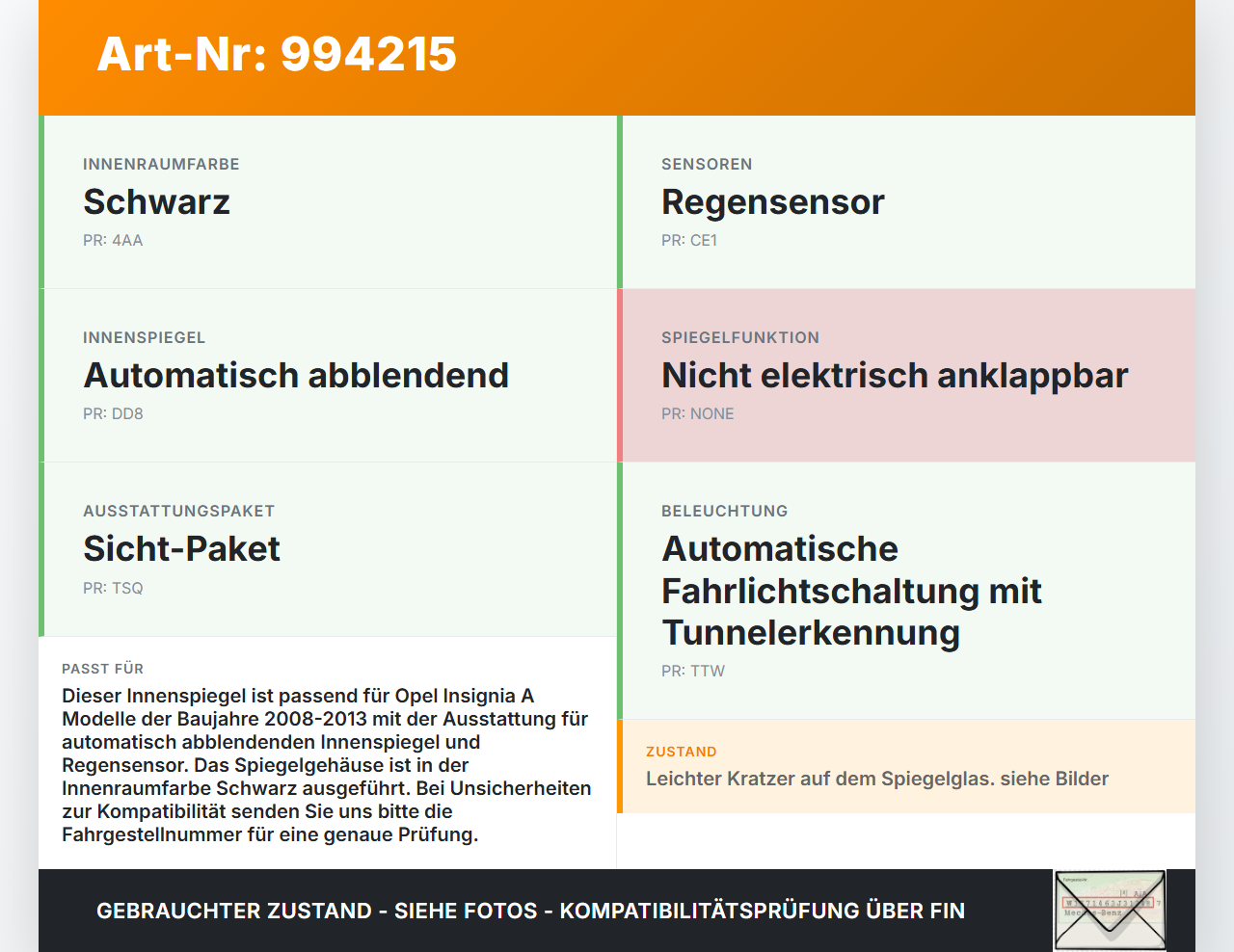 Opel Insignia A 08-13 Innenspiegel Rückspiegel Spiegel Innen Opel Insignia A 08-13 30.04.2010 13316288 gebraucht Vorschau 3