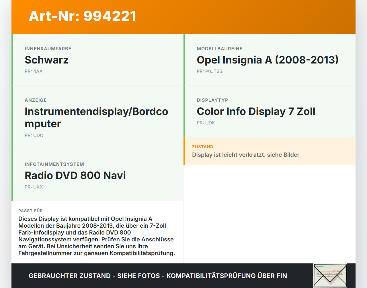 Opel Insignia A 08-13 Bildschirm Display Monitor Opel Insignia A 08-13 30.04.2010 13223793 14799410 gebraucht Vorschau 3