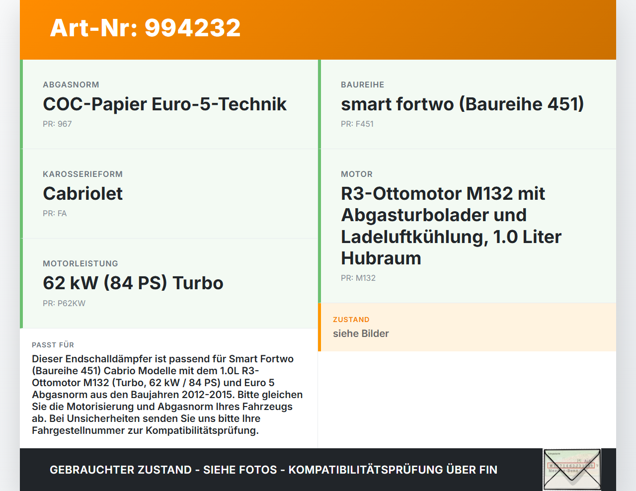 Smart 451 Cabrio 12-15 1,0 62KW Endtopf Nachschalldämpfer Auspuff Smart 451 Cabrio 12-15 30.04.2014 A4514900481... Vorschau 3