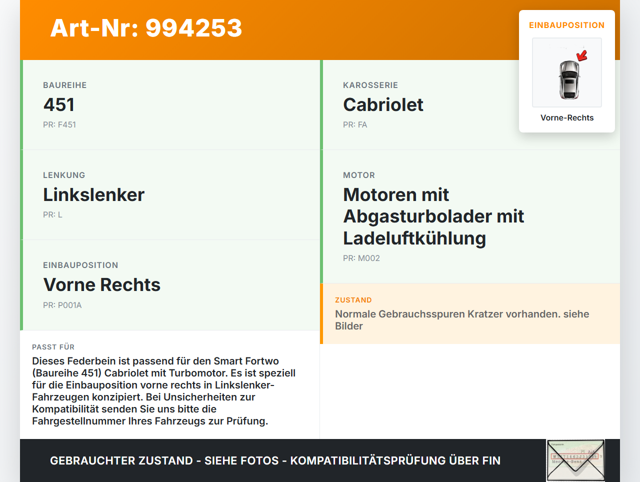 Smart 451 Cabrio 12-15 Cabriolet Federbein Stossdämpfer Vorne Rechts Smart 451 Cabrio 12-15 30.04.2014 05071E... Vorschau 3