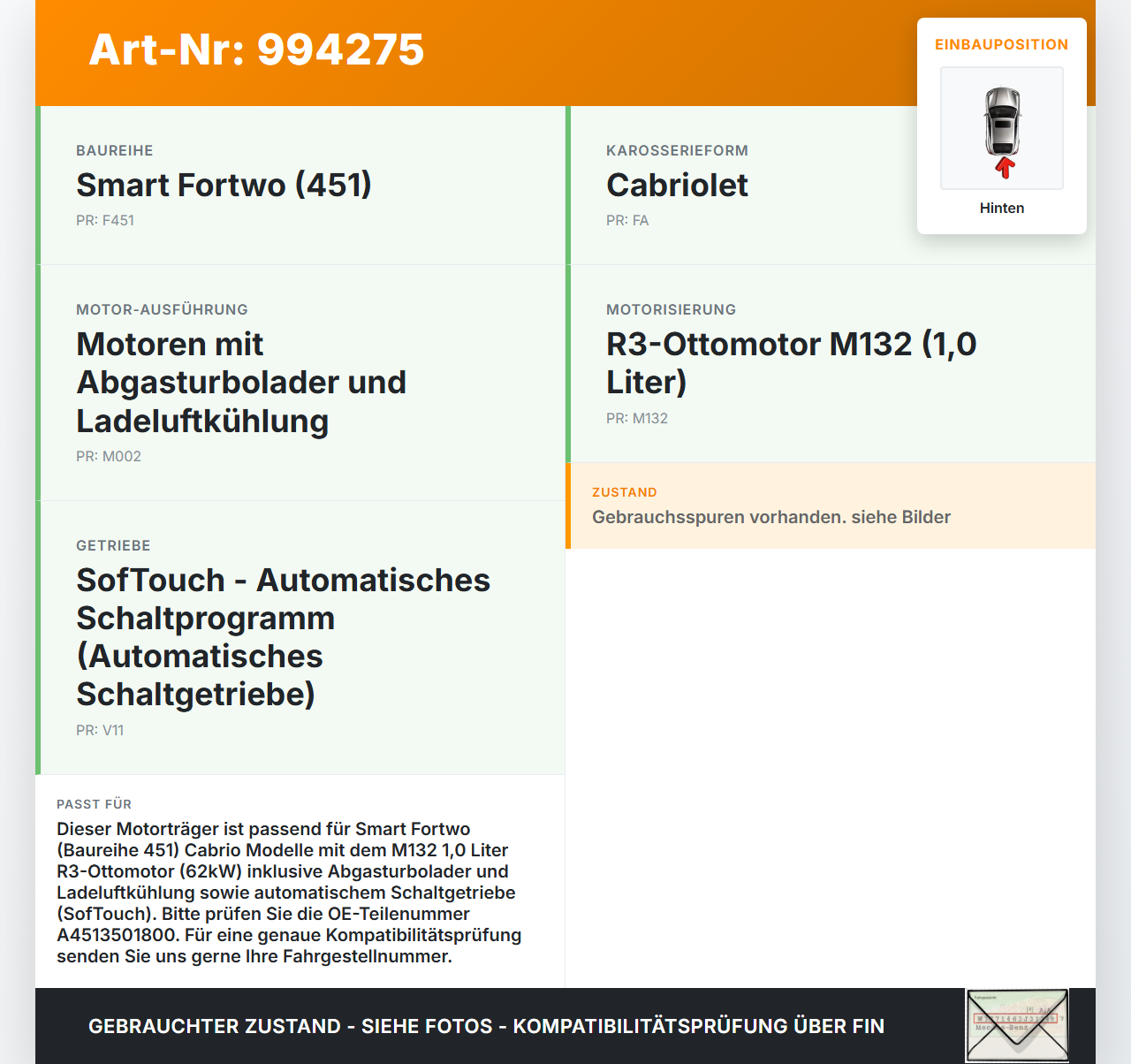 Smart 451 Cabrio 12-15 1,0 62KW Motorträger Motorhalter Hinten Smart 451 Cabrio 12-15 30.04.2014 A4513501800 gebraucht Vorschau 3
