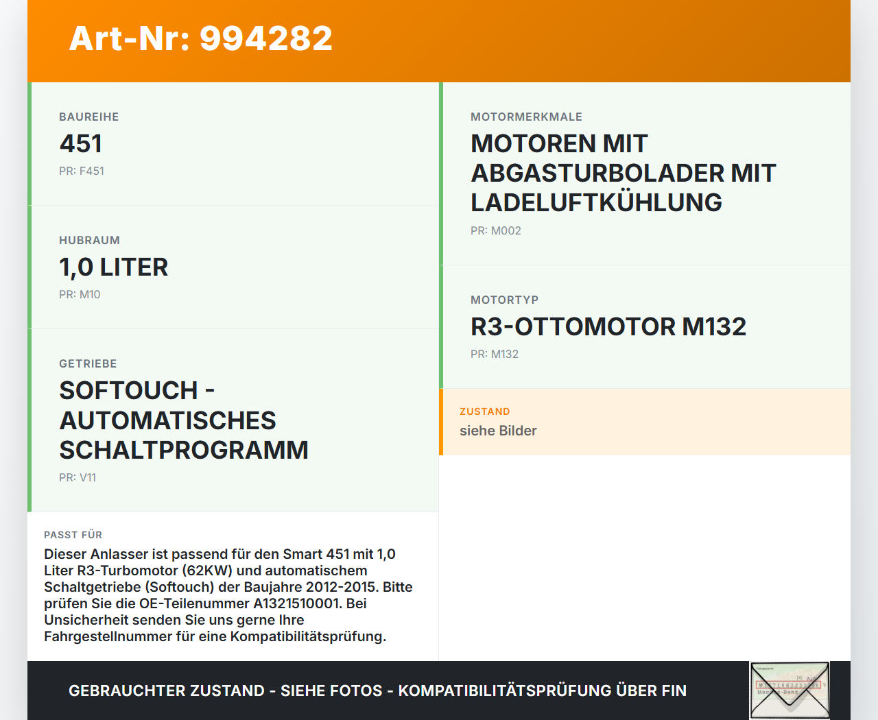 Smart 451 Cabrio 12-15 1,0 62KW Autom Anlasser Starter Smart 451 Cabrio 12-15 30.04.2014 A1321510001 1810A104... Vorschau 3