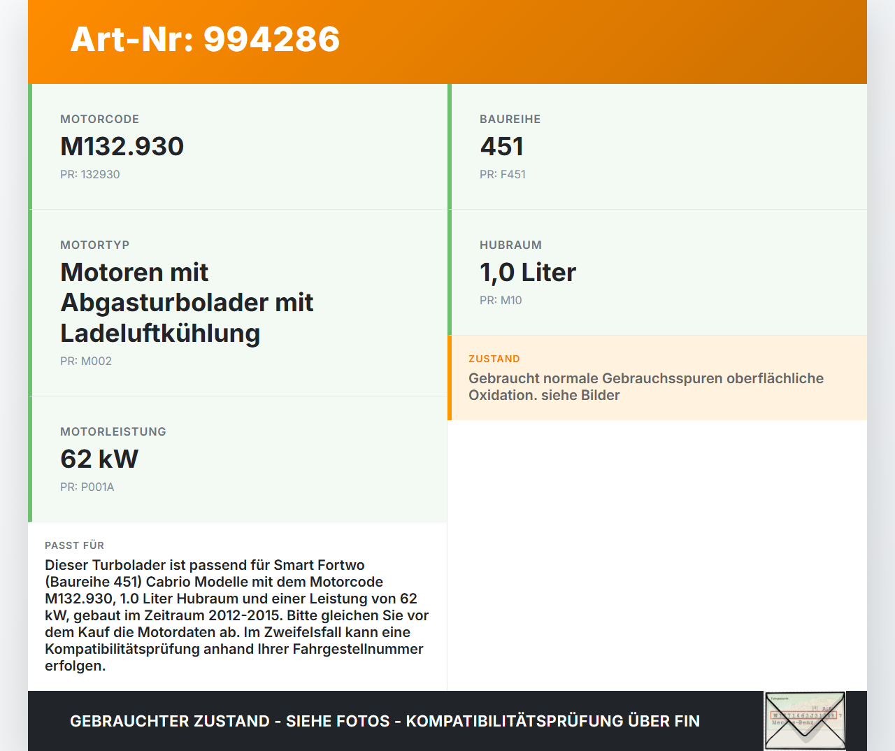 Smart 451 Cabrio 12-15 1,0 62KW 132.930 Turbolader Turbo Abgasturbolader Smart 451 Cabrio 12-15 30.04.2014... Vorschau 3