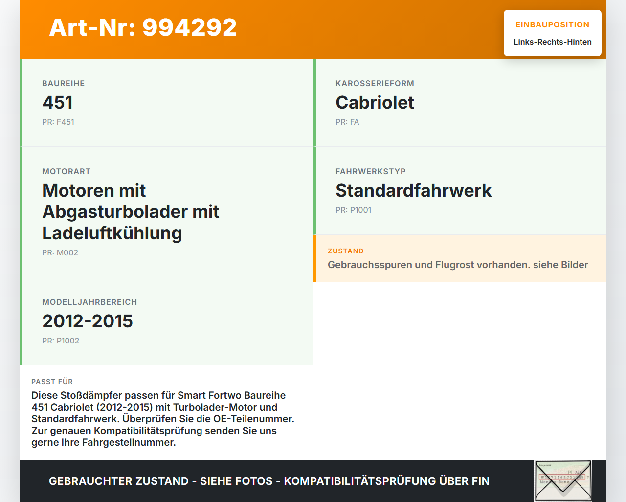 Smart 451 Cabrio 12-15 Cabriolet Stossdämpfer Links und Rechts Hinten Smart 451 Cabrio 12-15 30.04.2014 A4513200731... Vorschau 3