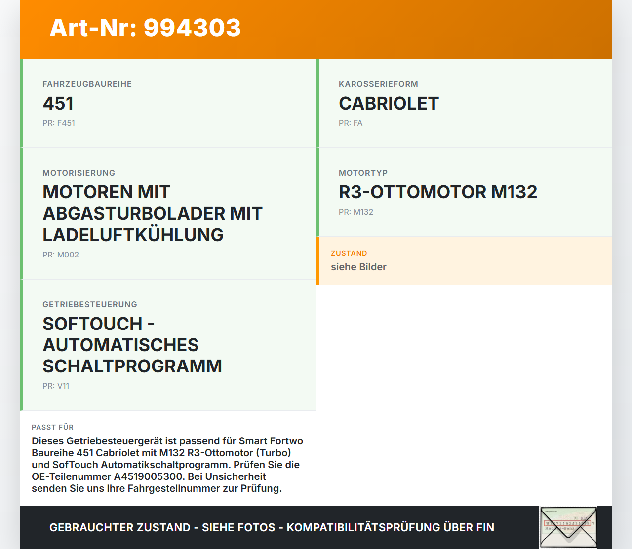Smart 451 Cabrio 12-15 Steuergerät ECU Modul Getriebesteuergerät Smart 451 Cabrio 12-15 30.04.2014 A4519005300 gebraucht Vorschau 3
