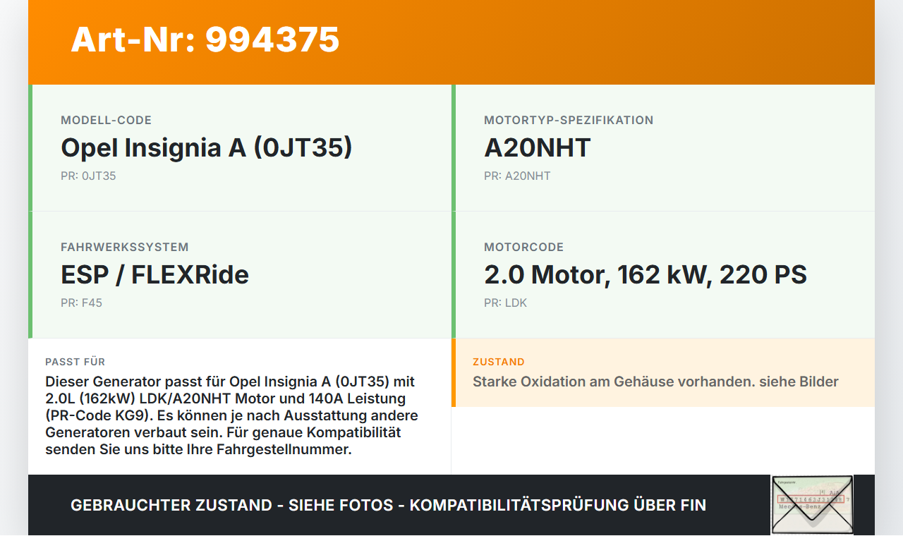 Opel Insignia A 08-13 2,0 162KW Lichtmaschine Generator 140A Opel Insignia A 08-13 30.04.2010 13500332 2605326A... Vorschau 3