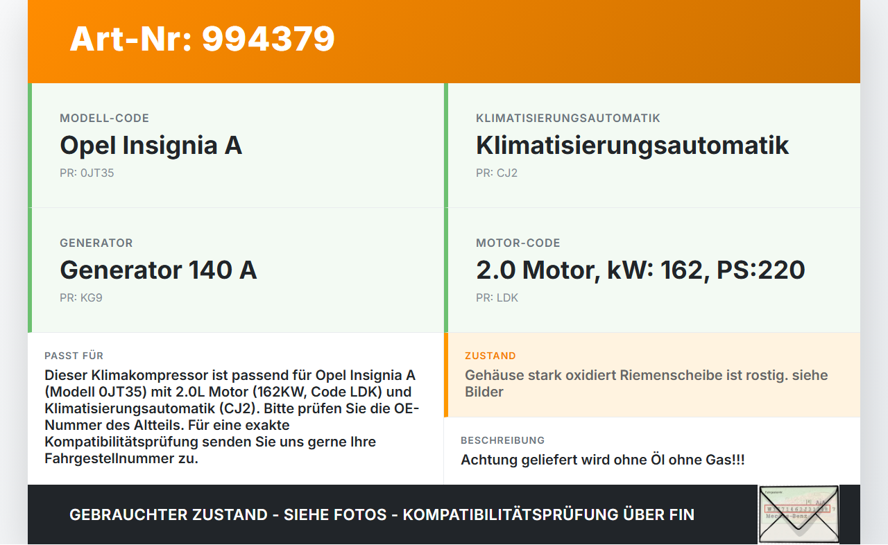 Opel Insignia A 08-13 2,0 162KW Klimakompressor Klima Kompressor Opel Insignia A 08-13 30.04.2010 P13232305 gebraucht Vorschau 3