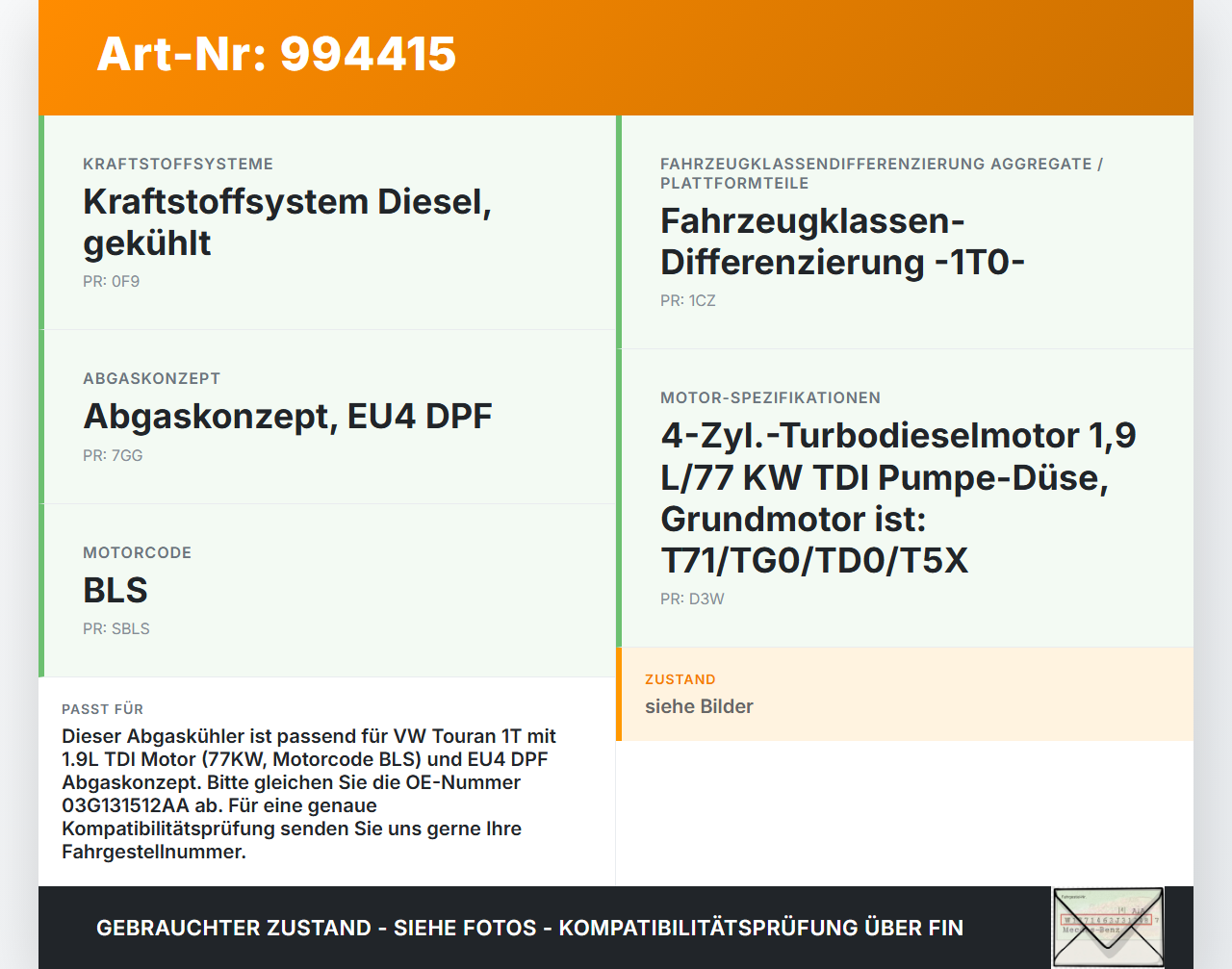 VW Touran 1T 03-06 1,9 77KW Abgaskühlung Wärmetauscher VW Touran 1T 03-06 02.03.2009 03G131512AD 03G131512AA... Vorschau 3