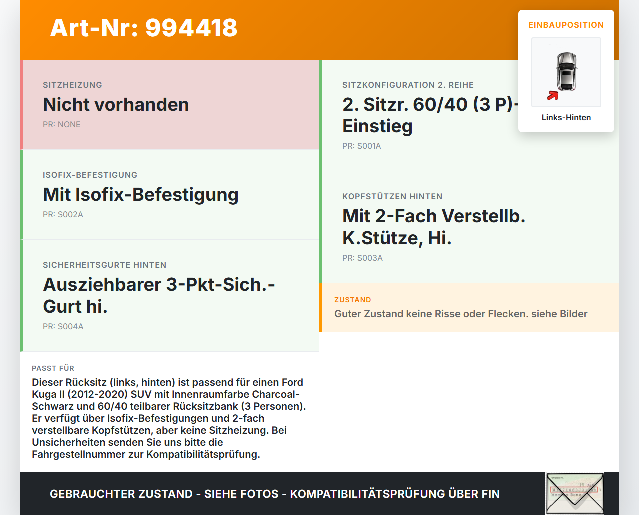 Ford Kuga II 16-19 Sitz Links Hinten Ford Kuga II 16-19 29.09.2017 gebraucht Vorschau 3