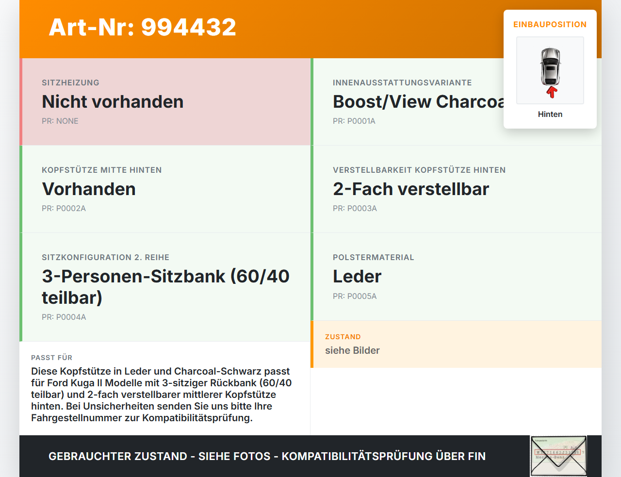 Ford Kuga II 16-19 Kopfstütze Mitte Hinten Leder Ford Kuga II 16-19 29.09.2017 GV41-S501A02-AA35B8 gebraucht Vorschau 3