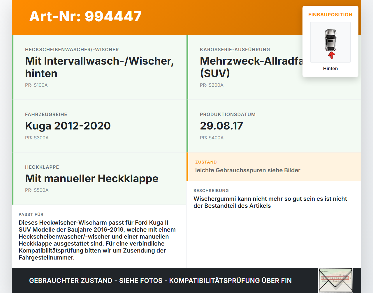Ford Kuga II 16-19 Heckwischer Scheibenwischer Hinten Wischarm Ford Kuga II 16-19 29.09.2017 gebraucht Vorschau 3