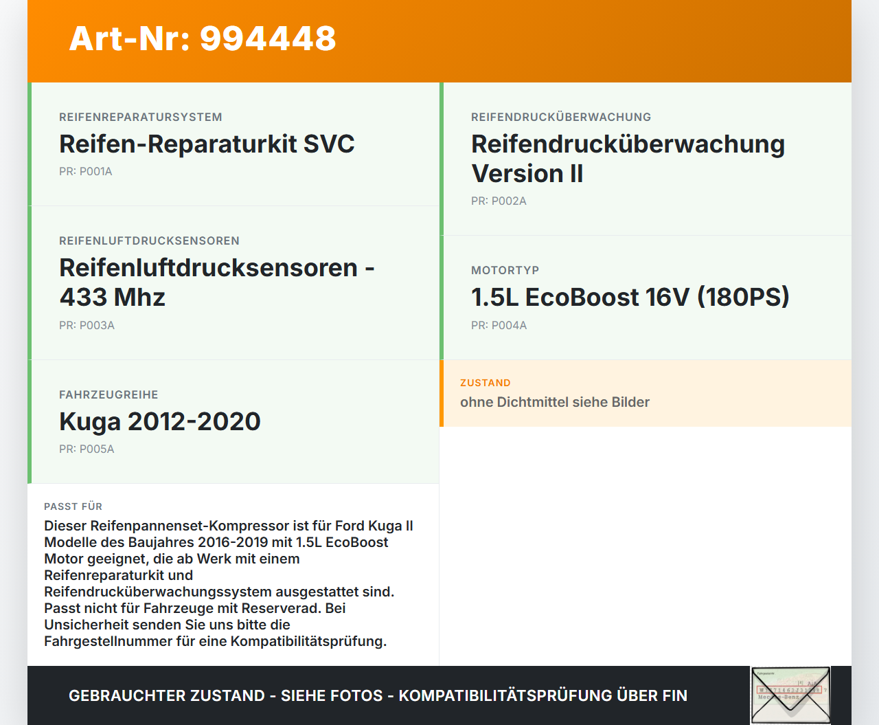 Ford Kuga II 16-19 1,5 134KW Reifenpannenset Kompressor Luftpumpe 12V Ford Kuga II 16-19 29.09.2017 DCPC-19G525-AB... Vorschau 3