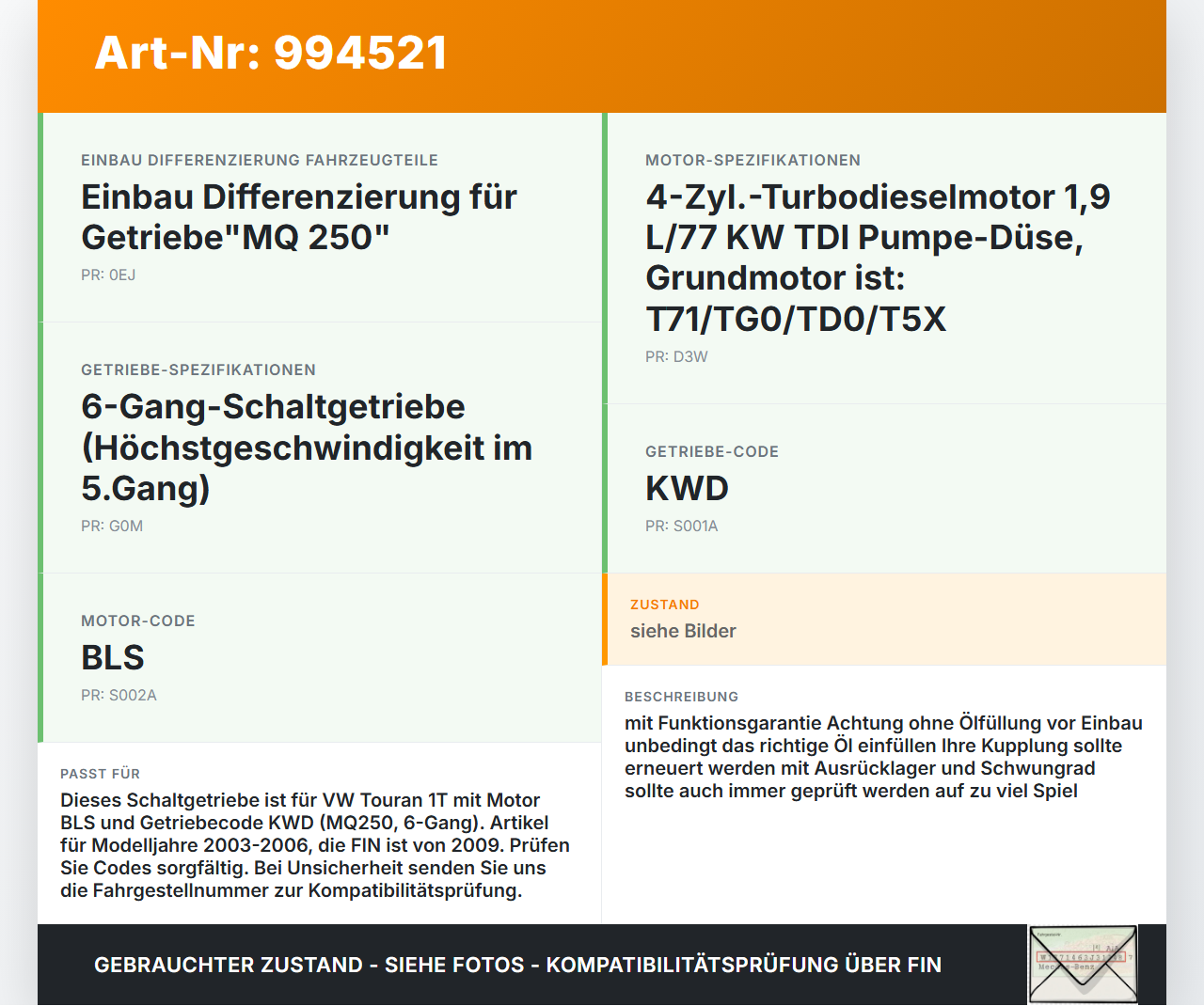 VW Touran 1T 03-06 1,9 KWD Schaltgetriebe Getriebe KWD VW Touran 1T 03-06 02.03.2009 02S300046Q gebraucht Vorschau 3