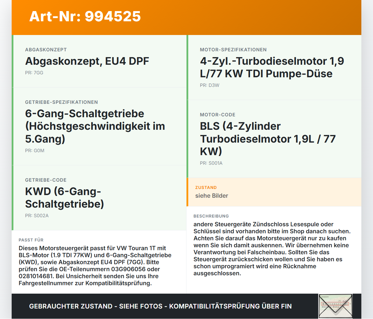 VW Touran 1T 03-06 1,9 77KW Motor Steuergerät ECU Motorsteuergerät VW Touran 1T 03-06 02.03.2009 f03G906056... Vorschau 3