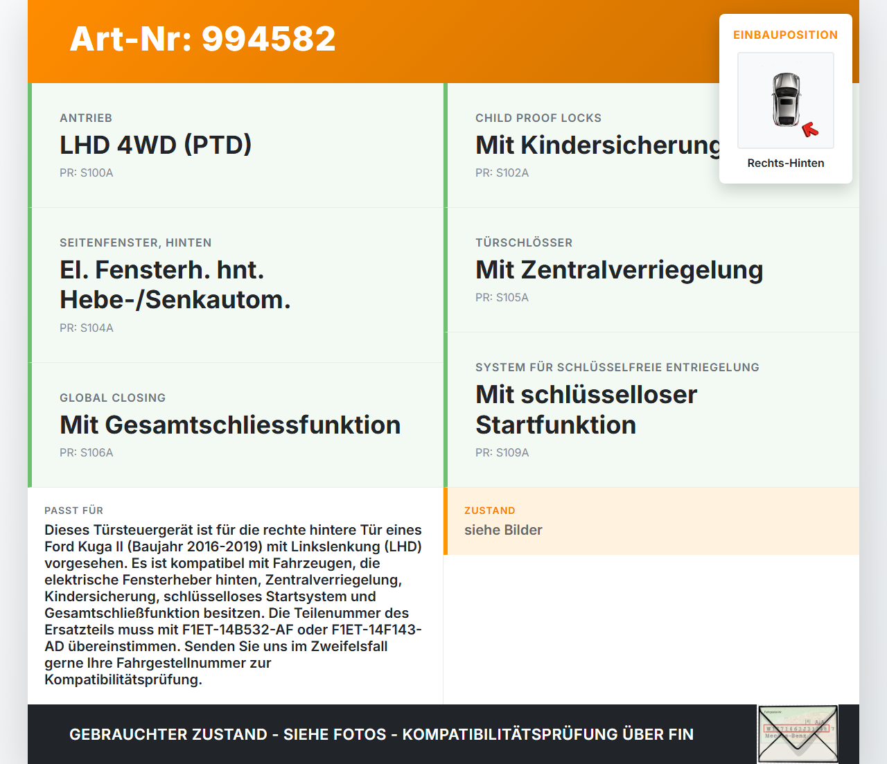 Ford Kuga II 16-19 Steuergerät ECU Modul Türsteuergerät Rechts Hinten Ford Kuga II 16-19 29.09.2017 F1ET-14B532-AF... Vorschau 3