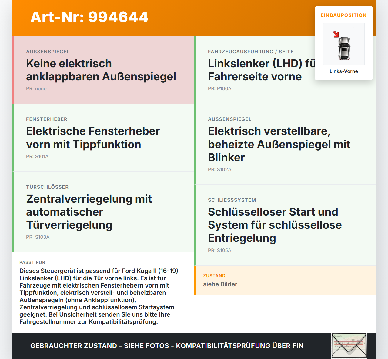 Ford Kuga II 16-19 Steuergerät ECU Modul Türsteuergerät Links Vorne Ford Kuga II 16-19 29.09.2017 F1ET-14B531-AG... Vorschau 3