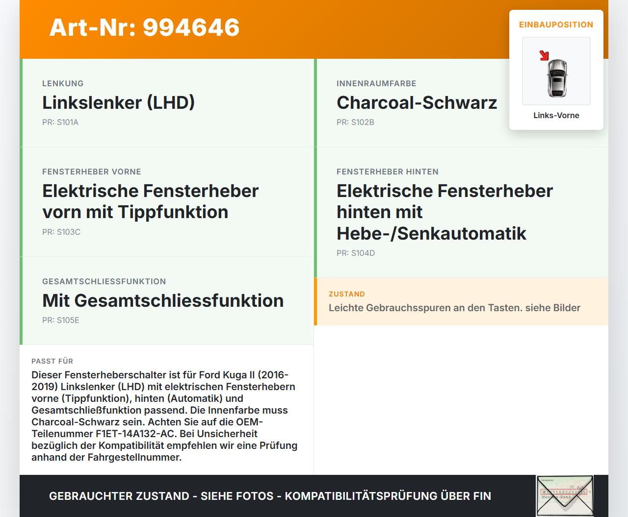 Ford Kuga II 16-19 Fensterheberschalter Schalter Links Vorne Ford Kuga II 16-19 29.09.2017 F1ET-14A132-AC 10138817... Vorschau 3