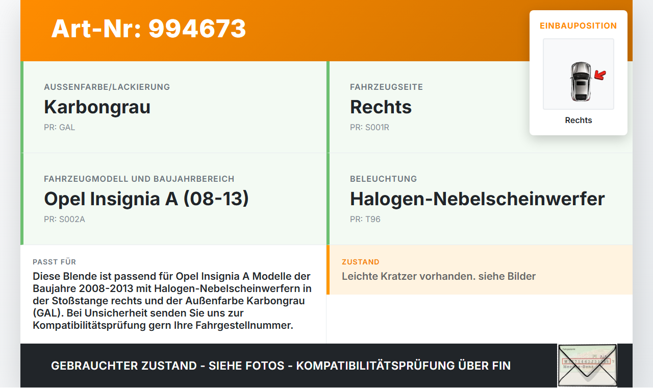 Opel Insignia A 08-13 Blende für Nebelscheinwerfer Stoßstange Rechts Opel Insignia A 08-13 30.04.2010 13238373 gebraucht Vorschau 3