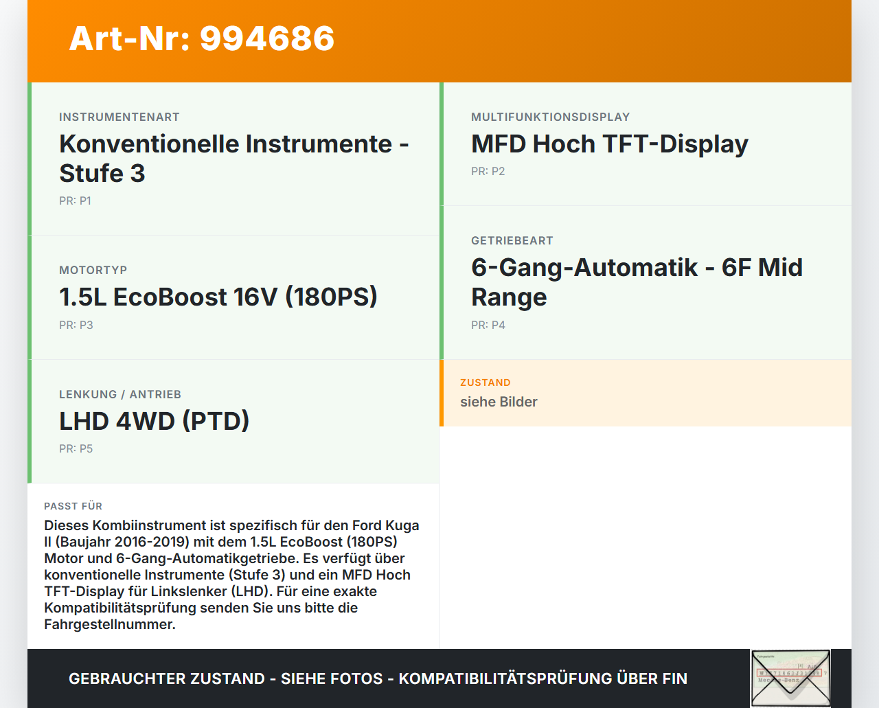 Ford Kuga II 16-19 1,5 134KW Kombiinstrument Tacho Tachoeinheit Ford Kuga II 16-19 29.09.2017 GV4T-10849-JN... Vorschau 3