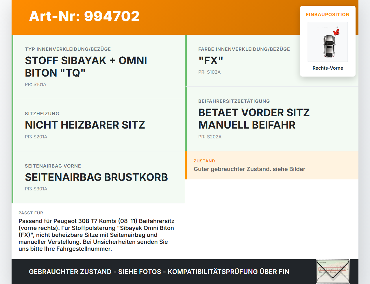 Peugeot 308 08-11 Kombi Sitzbezug Rückenpolster Rechts Vorne für Beifahrer Sitz Peugeot 308 08-11 12.06.2009... Vorschau 3
