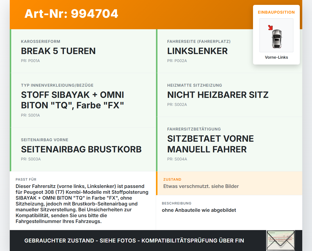 Peugeot 308 08-11 Kombi Sitz Fahrersitz Vorne Links Peugeot 308 08-11 12.06.2009 8846E8 gebraucht Vorschau 3