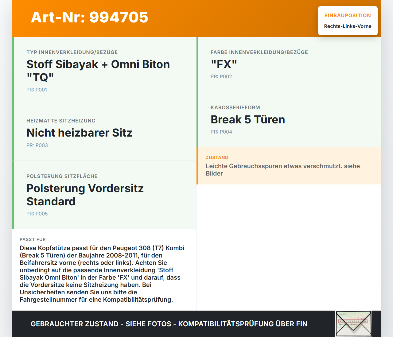 Peugeot 308 08-11 Kombi Kopfstütze für Beifahrer Sitz Rechts oder Links Vorne Peugeot 308 08-11 12.06.2009 8853ZX... Vorschau 3