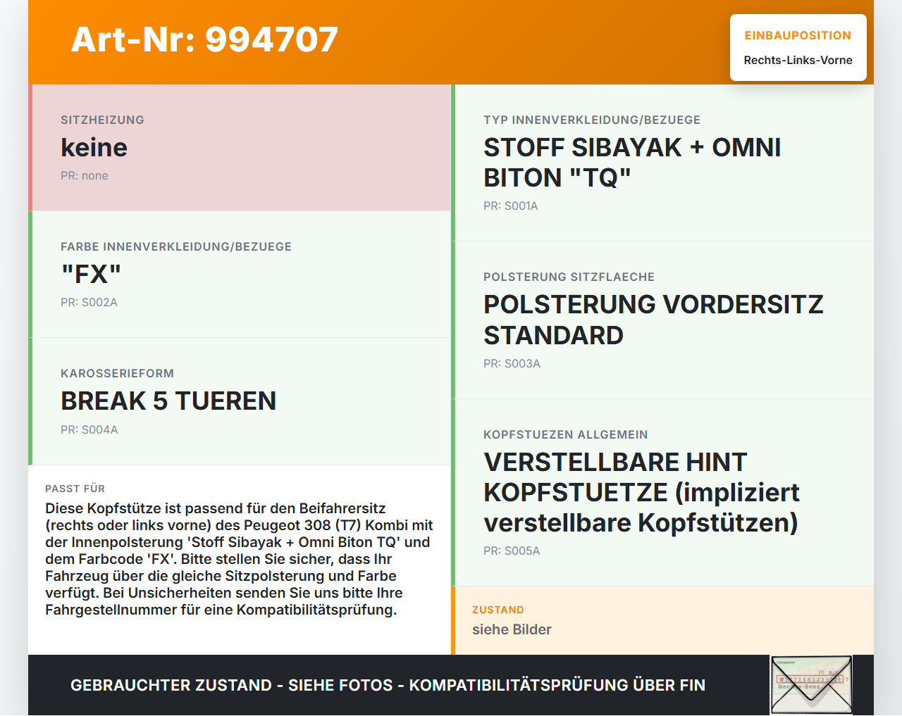 Peugeot 308 08-11 Kombi Kopfstütze für Beifahrer Sitz Rechts oder Links Vorne Peugeot 308 08-11 12.06.2009 8853ZX... Vorschau 3