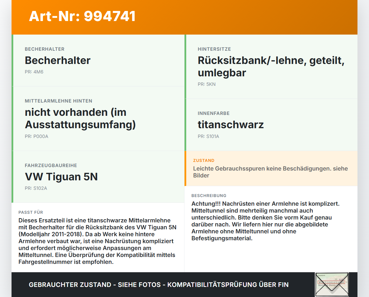 VW Tiguan 5N 11-18 Armlehne Mittelarmlehne Auflage mit Becherhalter für Rücksitzbank titanschwarz VW Tiguan 5N... Vorschau 3