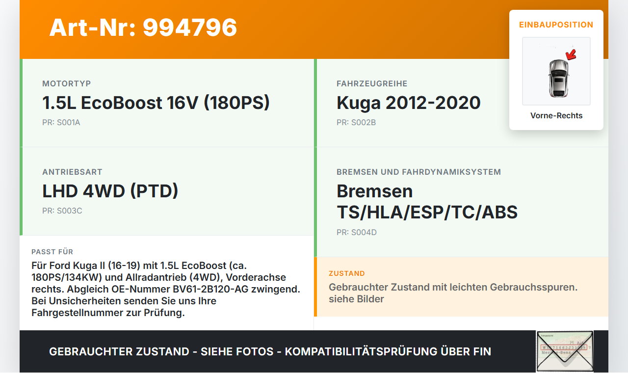 Ford Kuga II 16-19 1,5 134KW Bremssattel Bremszange Vorne Rechts Ford Kuga II 16-19 29.09.2017 BV61-2B120-AG gebraucht Vorschau 3