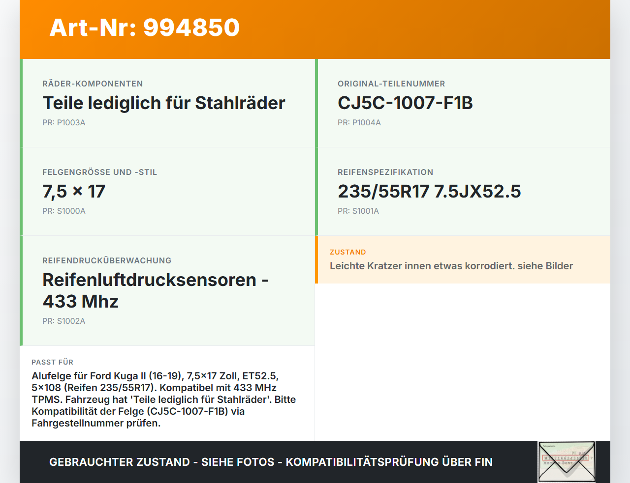 Ford Kuga II 16-19 1x Felge Alufelge 5X108 7.5X17Zoll ET52.5 Ford Kuga II 16-19 29.09.2017 CJ5C-1007-F1B gebraucht Vorschau 3