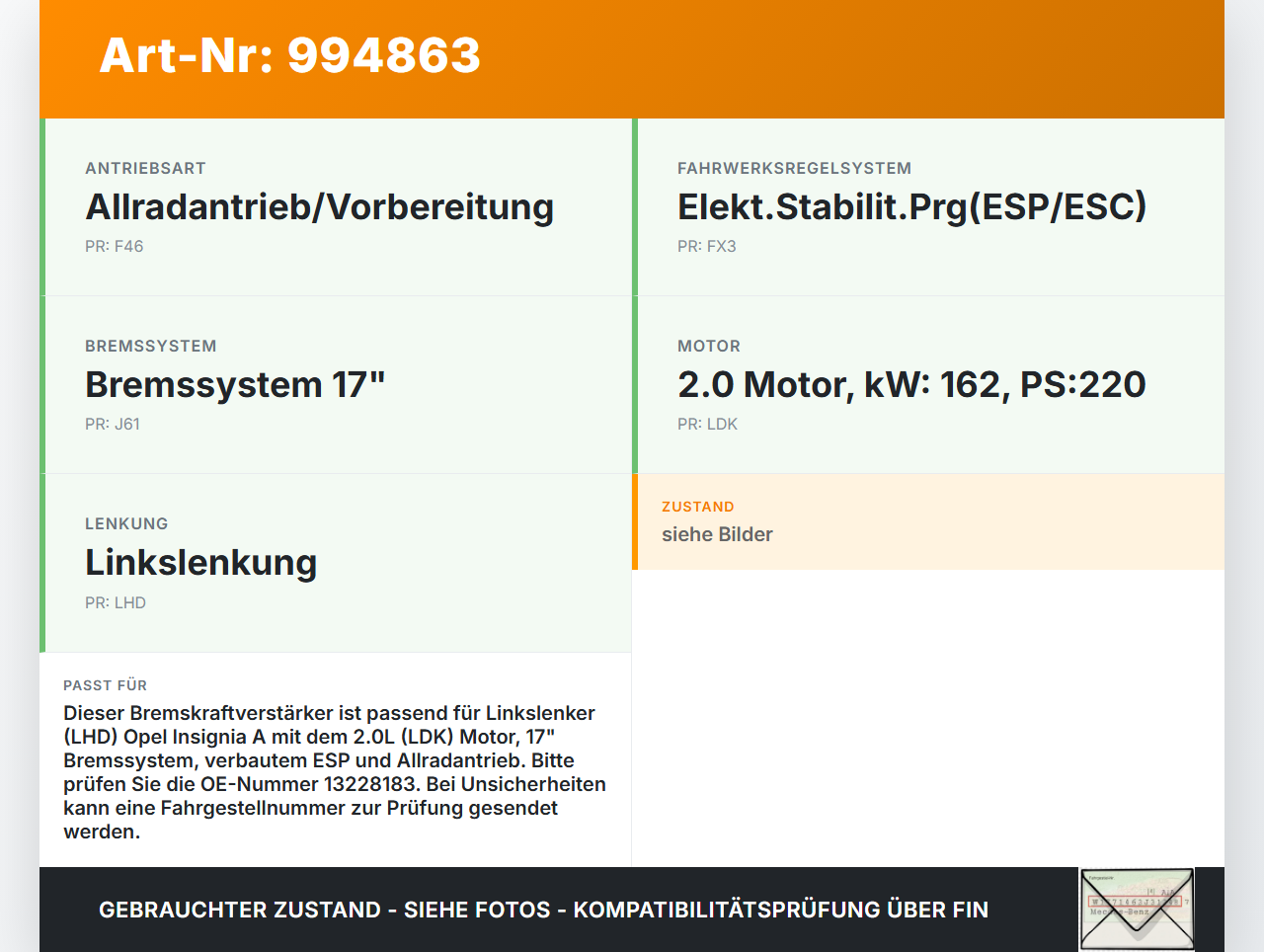 Opel Insignia A 08-13 2,0 162KW Bremskraftverstärker Opel Insignia A 08-13 30.04.2010 13228183 03785907324... Vorschau 3