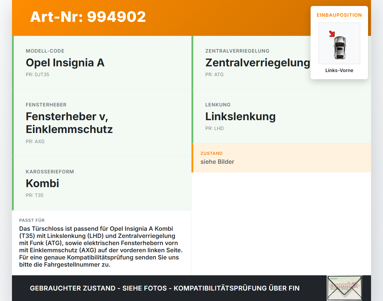 Opel Insignia A 08-13 Kombi Türschloss mit ZV Stellmotor Links Vorne Opel Insignia A 08-13 30.04.2010 gebraucht Vorschau 3
